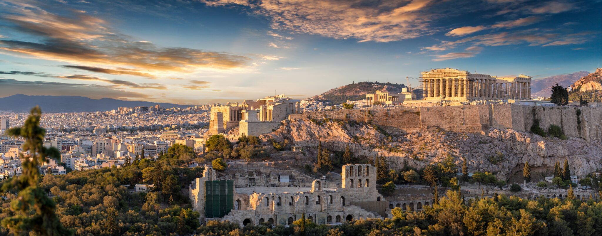 Panorama der Akropolis von Athen, Griechenland, bei Sonnenuntergang ...